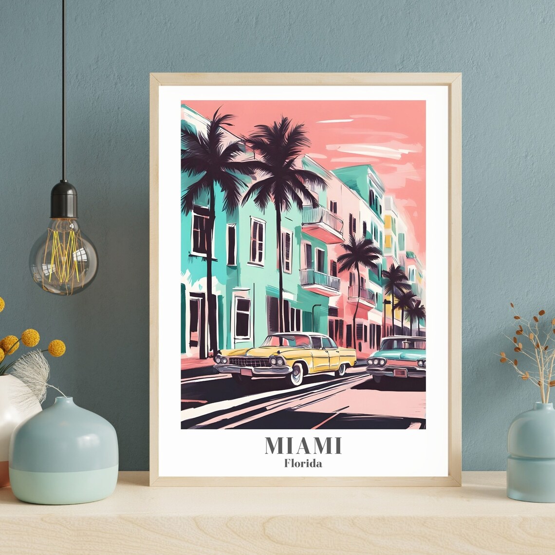 Miami Florida Pastel Art Deco Beach Scene Vintage Travel Poster - Image 2