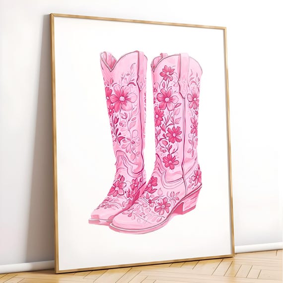 Pink Cowboy Boots Print Pink Coastal Cowgirl Boot Orint Granddaughter Print Preppy Chinoiserie Nursery Art Dorm Room Poster