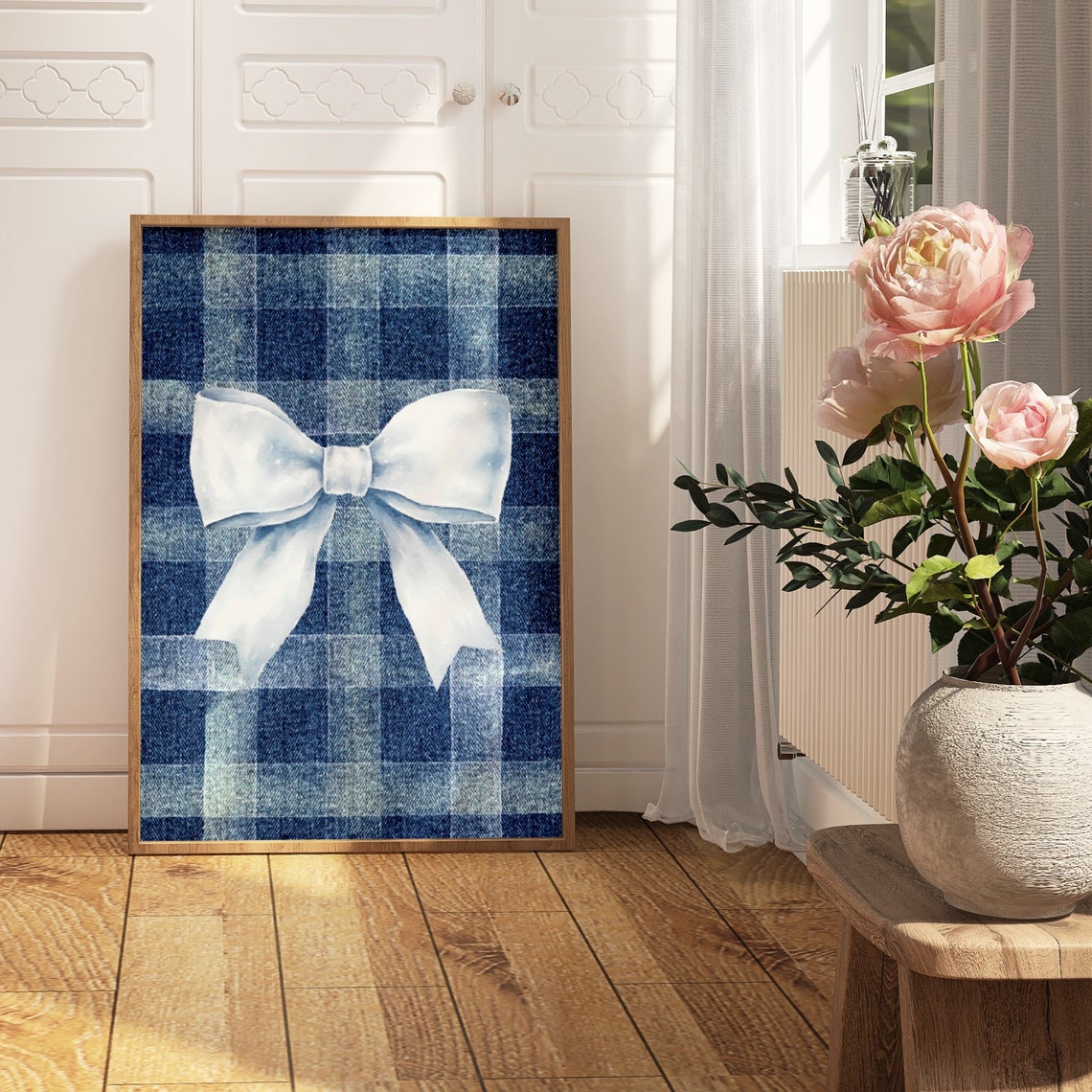 Blue Bow Print Demim Blue Wall Art Denim Prints Western Cowgirl Print Retro Cowgirl Art Checkered Wall Art Gift For Teen Girl - Image 3
