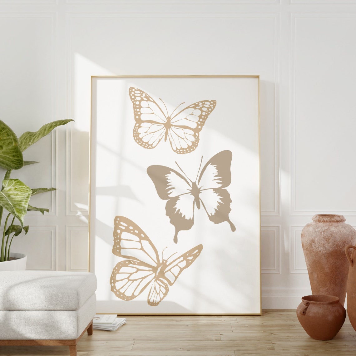 Beige Butterfly Trio Minimalist Aesthetic Botanical Art Poster - Image 2