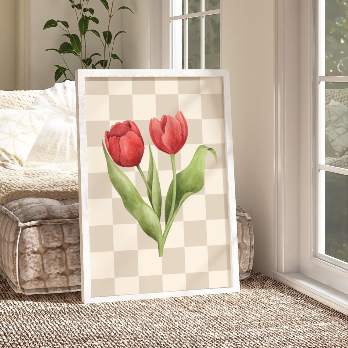 Red Tulips Watercolor on Beige Checkered Floral Art Decor Poster - Image 2