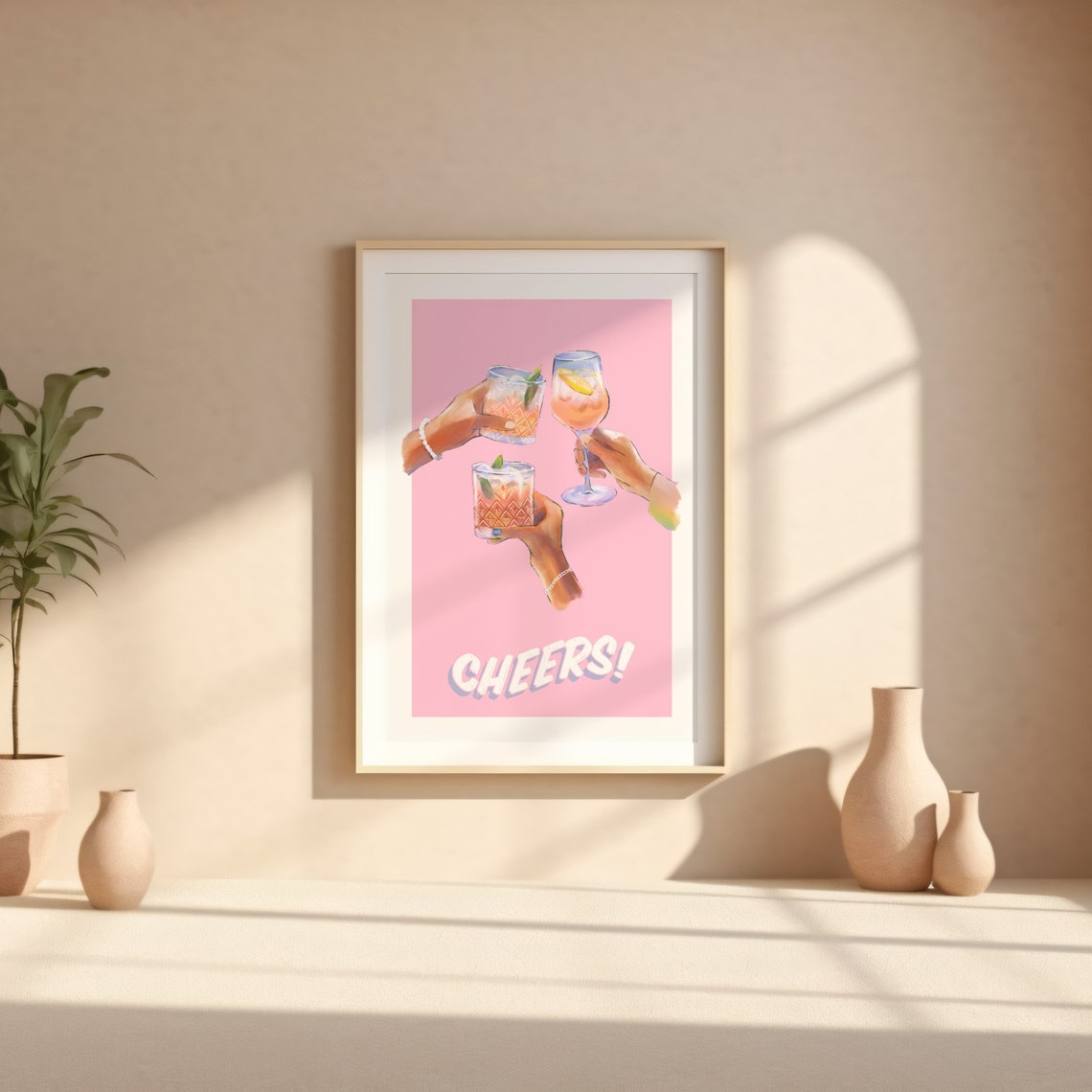 Cheers Cocktail Toast Hands Pink Retro Script Kitchen Bar Poster - Image 3