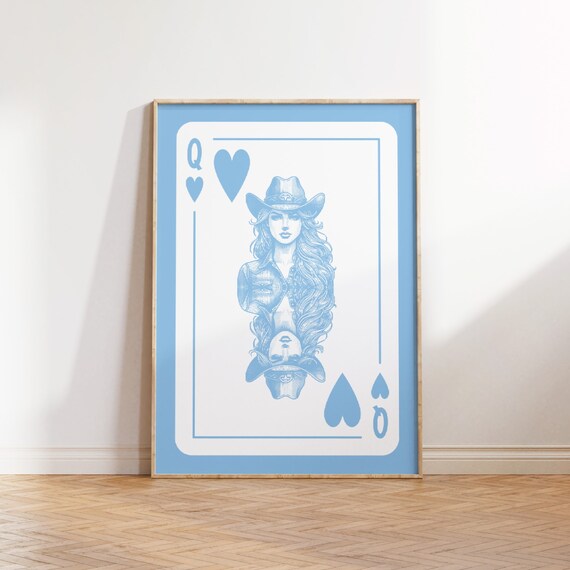 Cowgirl Queen Of Hearts Playing Card Blue Western Style Poster