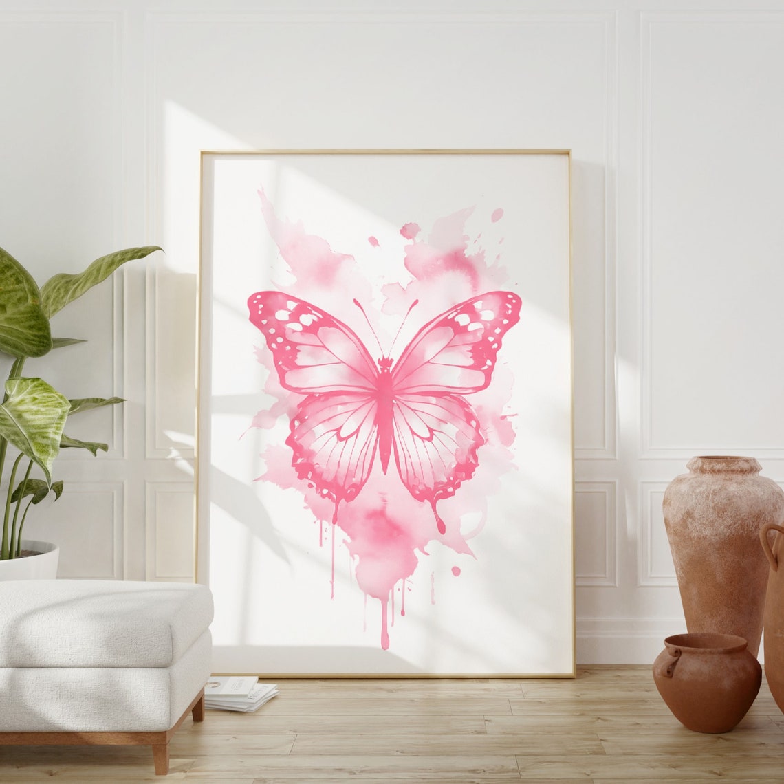 Cute Pink Watercolor Butterfly Painting Trendy Botanical Poster - Image 2