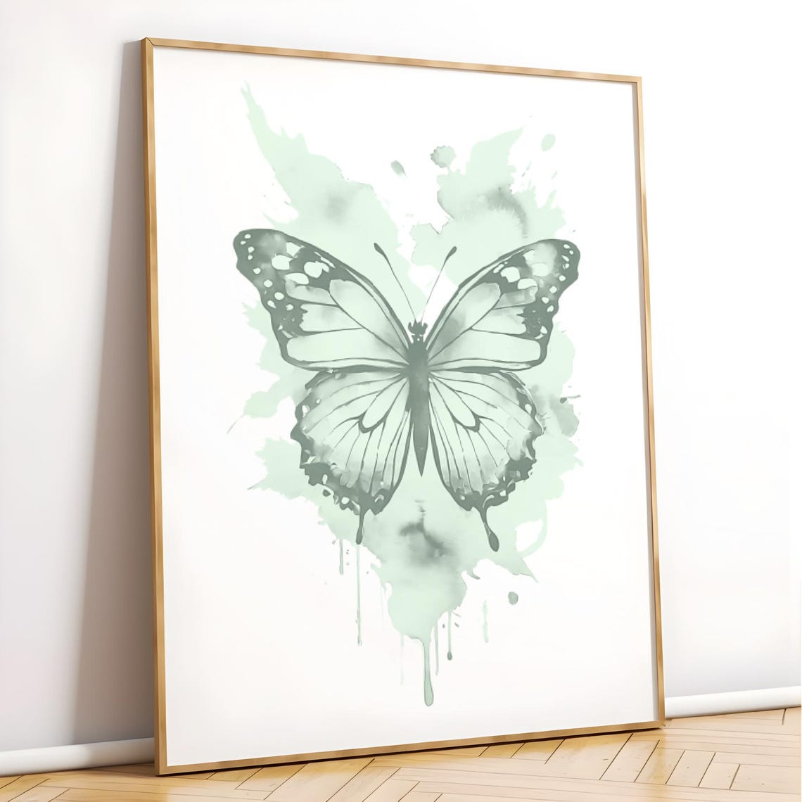 Sage Green Watercolor Butterfly Splash Neutral Nature Room Poster - Image 2
