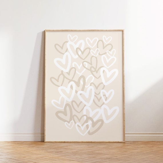 Hearts Print, Beige Preppy Wall Art Poster