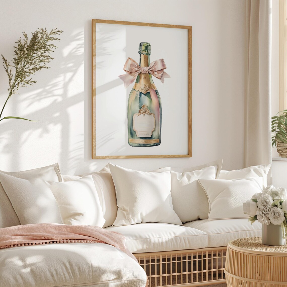 Pink Champagne Bottle Blush Bow Watercolor Bar Cart Poster Art - Image 3