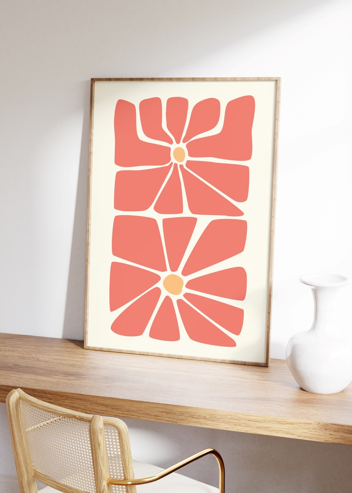 Coral Pink Groovy Flower Heads Cream Boho Retro Poster Wall Decor - Image 3