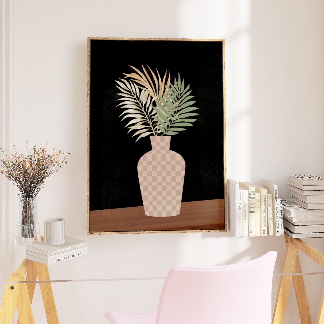 Checkered Vase Palm Leaves Scandi Modern Botanical Statement Poster - Image 2