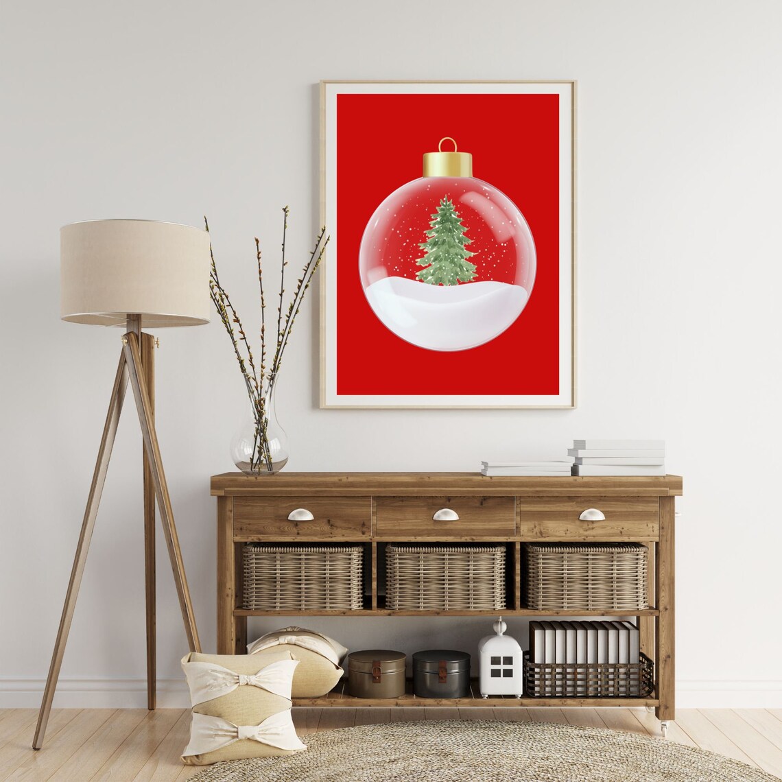 Red Christmas Snow Globe Bauble Tree Holiday Watercolor Poster - Image 3