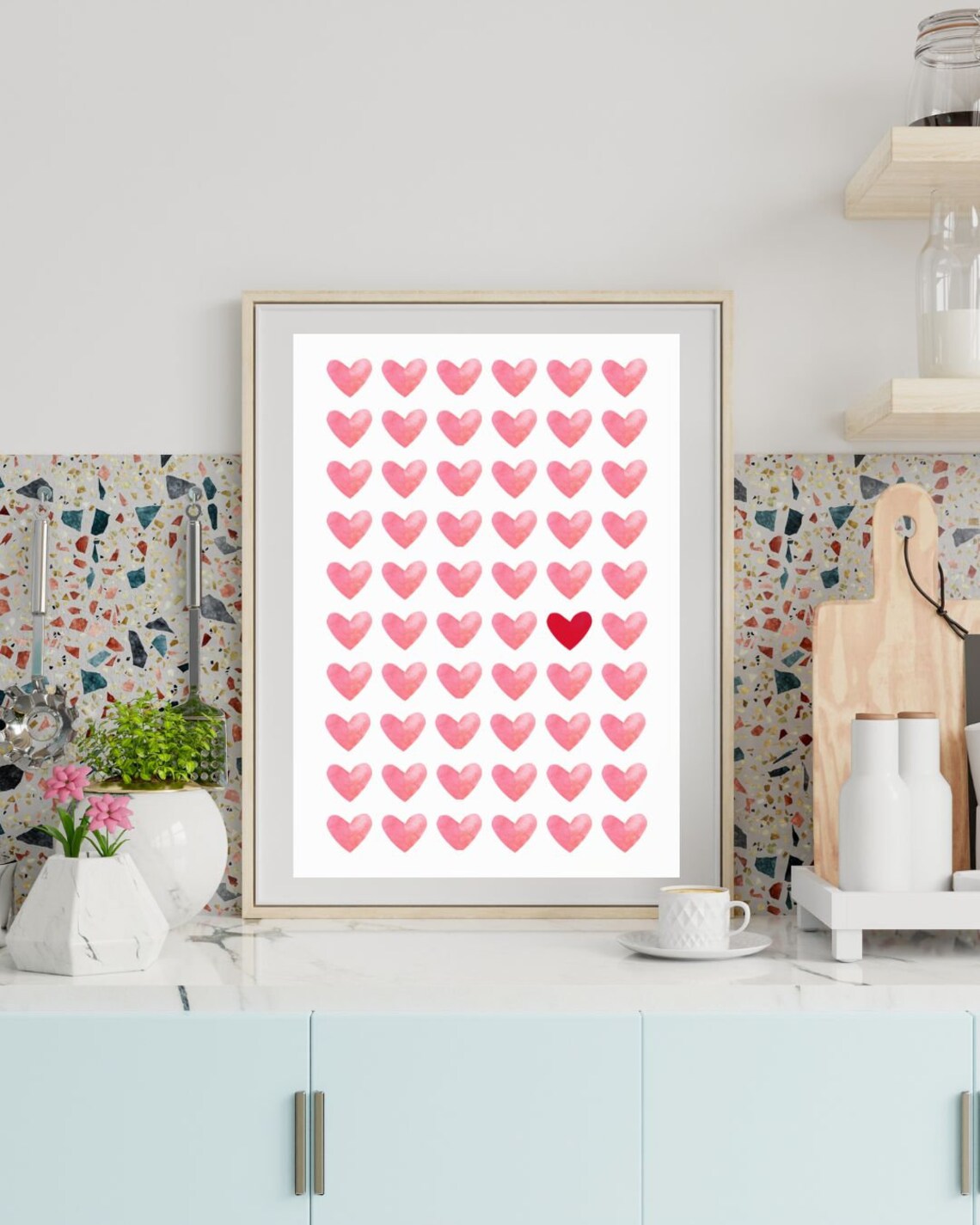 Pink Watercolor Hearts Grid with Red Heart Accent Love Poster - Image 2