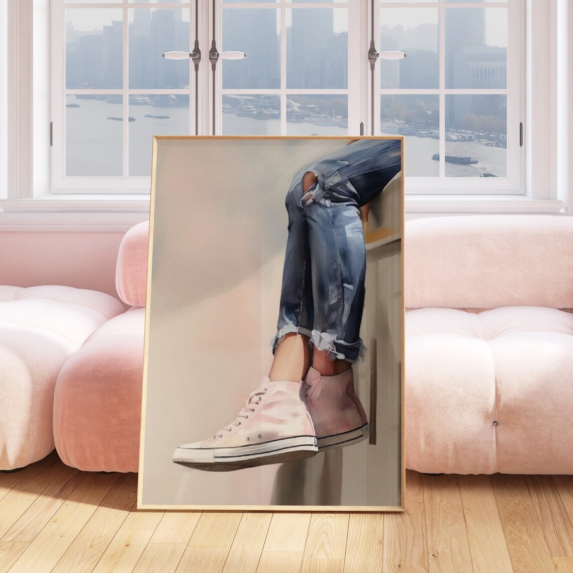 Ripped Jeans Pink High Top Sneakers Legs Oil Painting Style Poster - Image 4