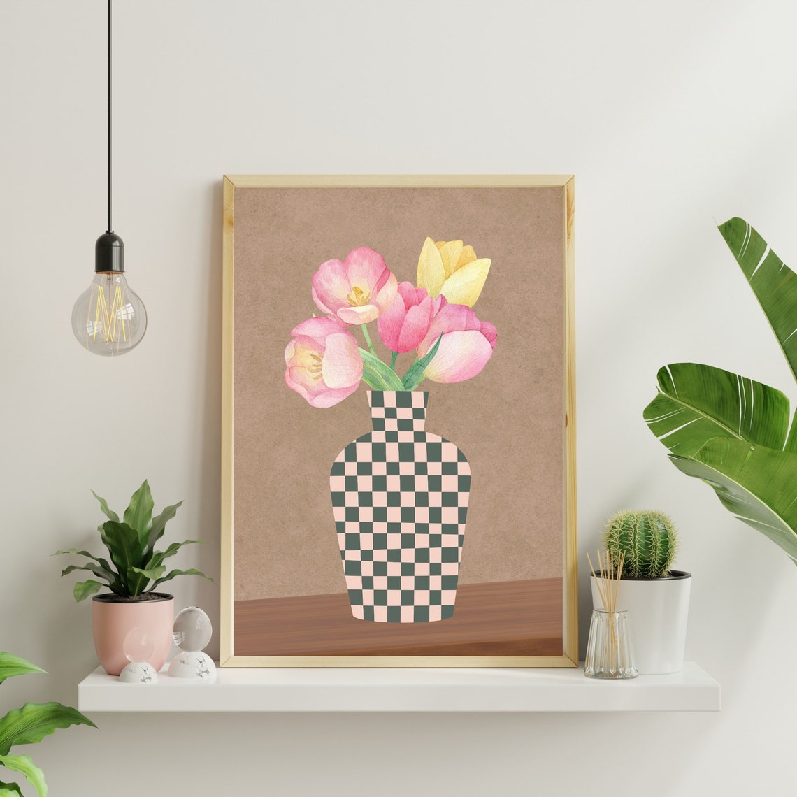 Checkered Vase Pink Yellow Tulips Scandi Floral Kitchen Poster