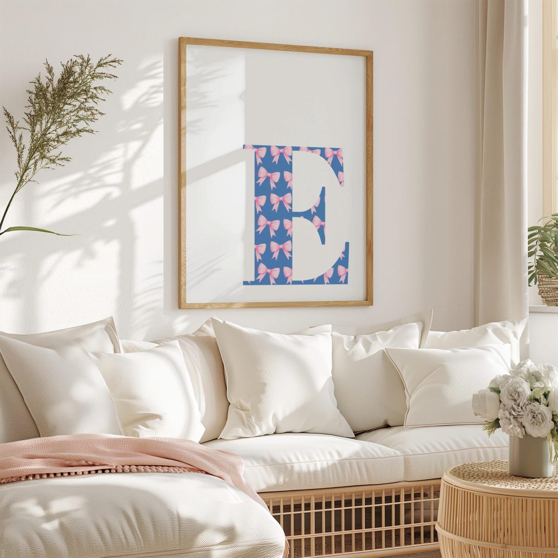 Letter E Initial Monogram Periwinkle Pink Bow Pattern Poster - Image 3