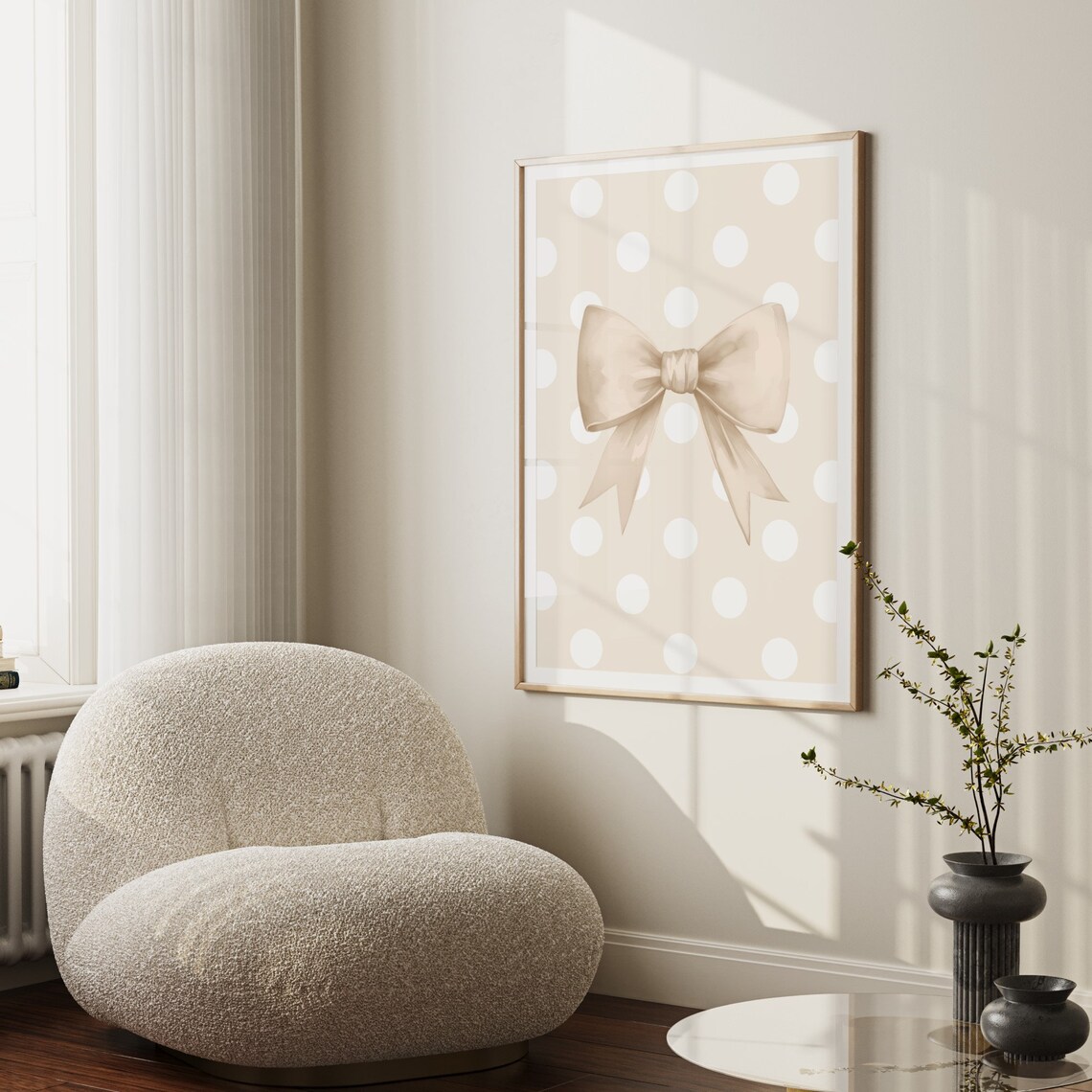 Beige Bow on Cream Polka Dot Background Preppy Nursery Girls Art Print - Image 2