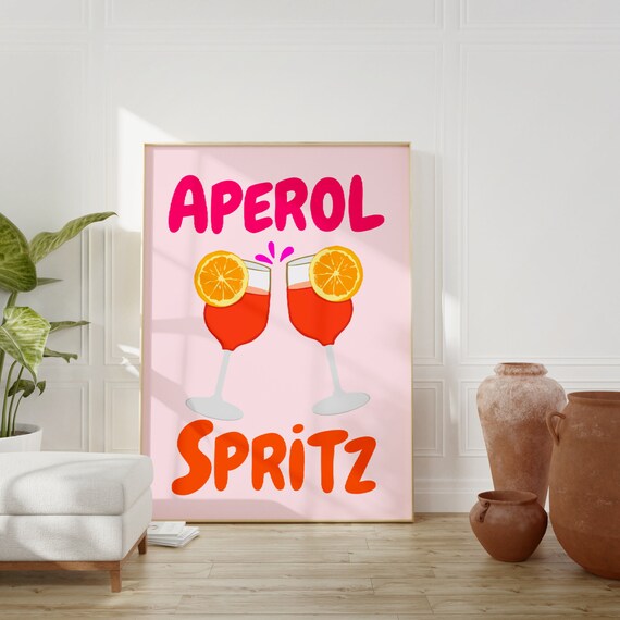 Aperol Spritz Cocktail Pink Orange Retro Kitchen Bar Cart Poster