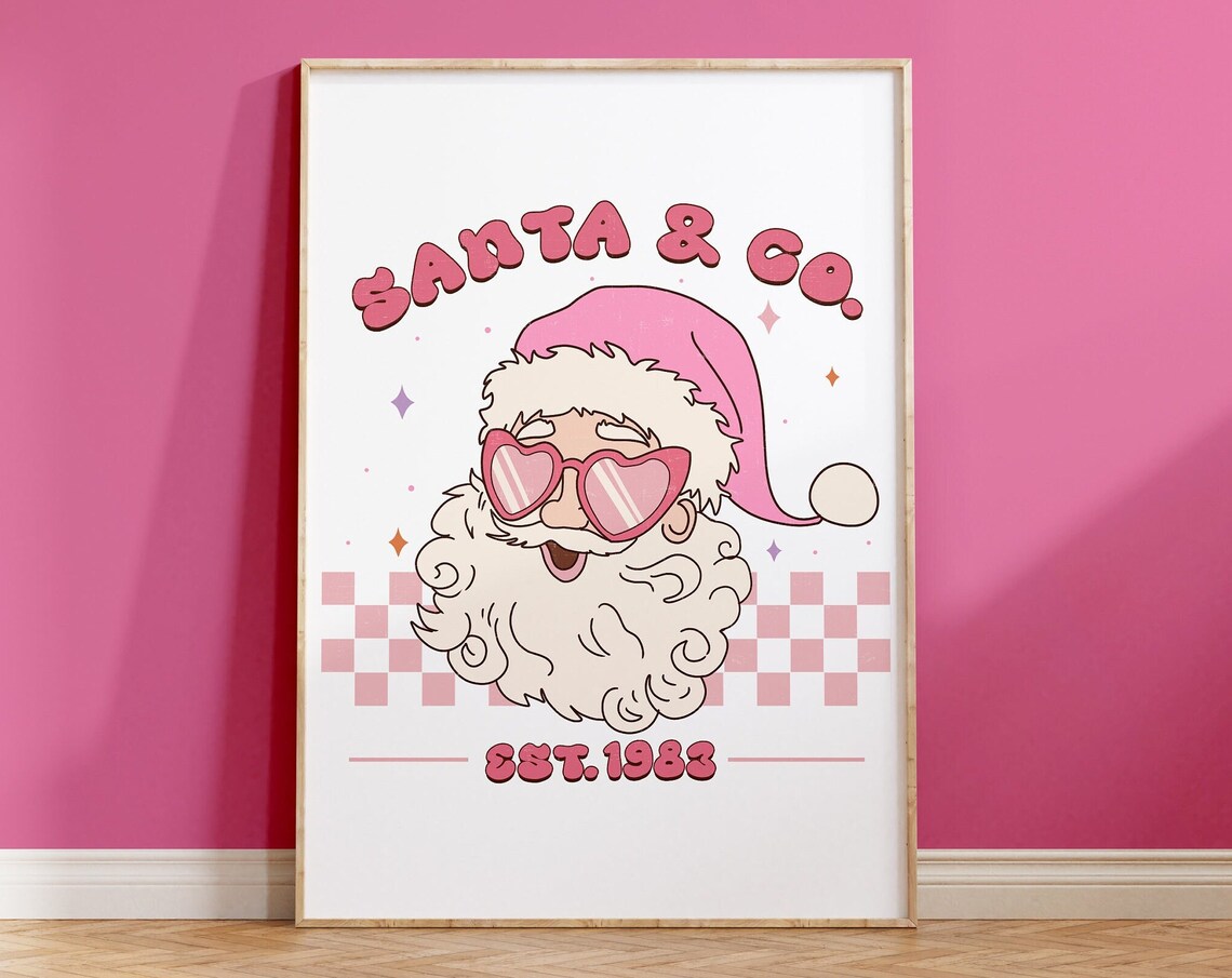 Pink Santa Claus Est 1983 Retro Christmas Poster With Heart Sunglasses