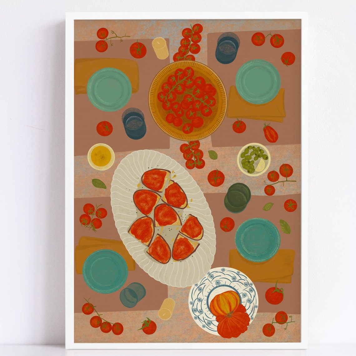 Spanish Dinner Flat Lay Tomato Bruschetta Vintage Table Art Poster