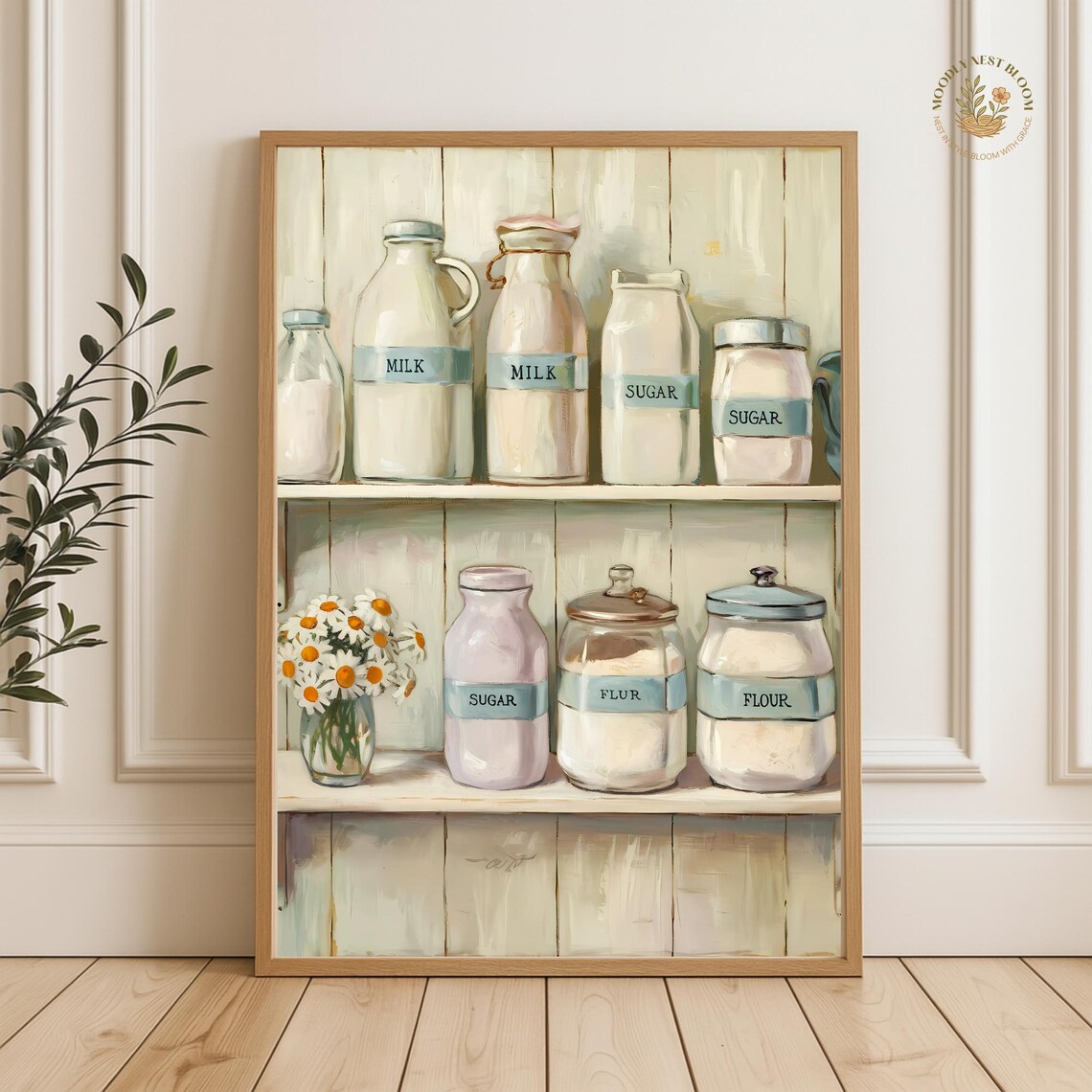 Vintage Farmhouse Pantry Shelf Milk Sugar Flour Jars Still Life Poster