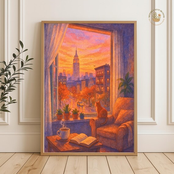 NYC Sunset Window View Cozy Cat Coffee Book Watercolor Poster