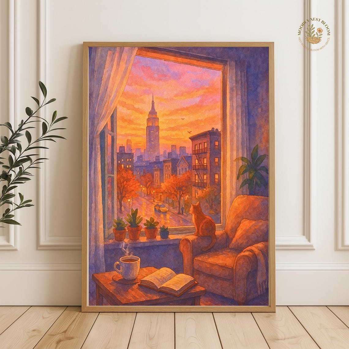 NYC Sunset Window View Cozy Cat Coffee Book Watercolor Poster