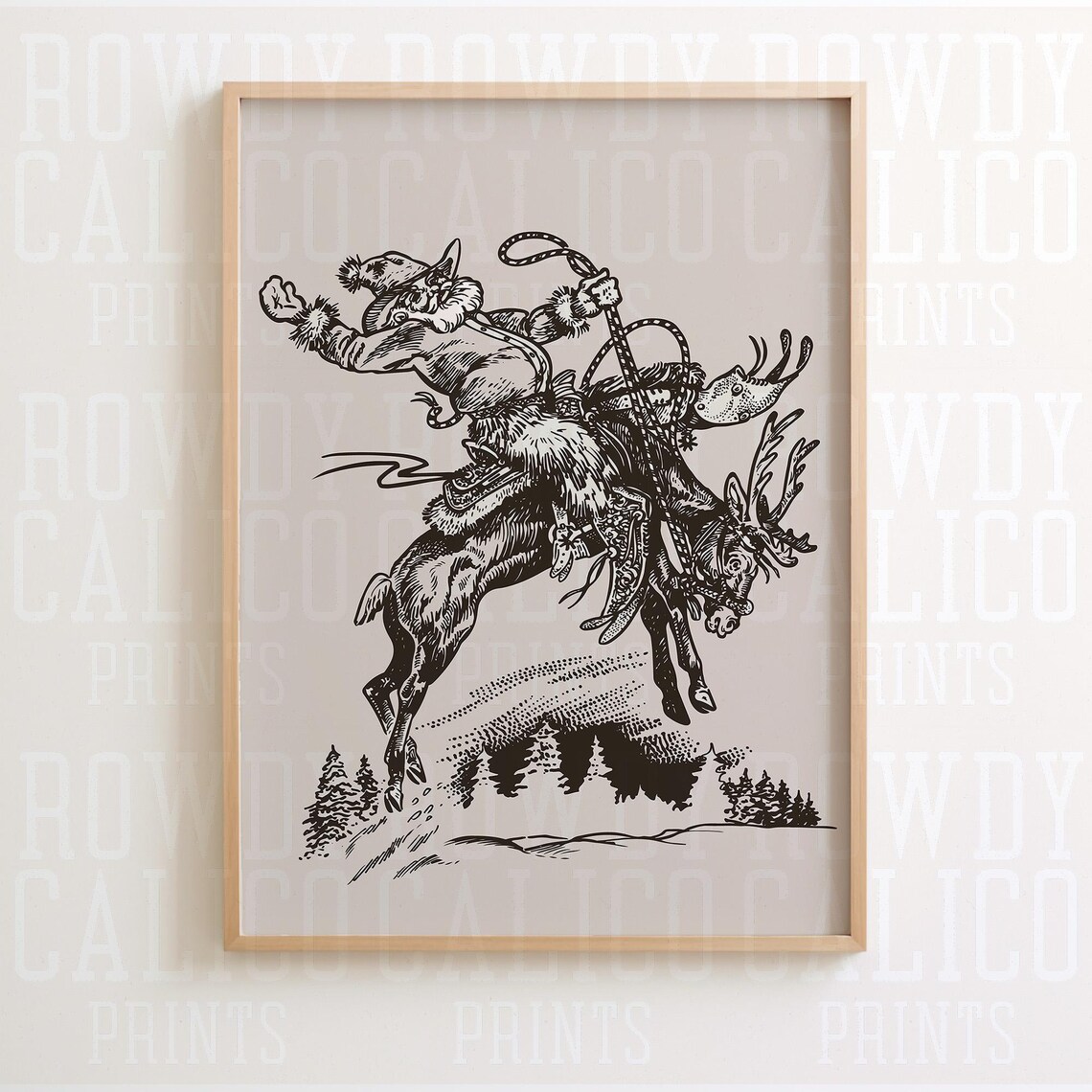 Black Ink Cowboy Santa Bucking Reindeer Etched Western Holiday Poster