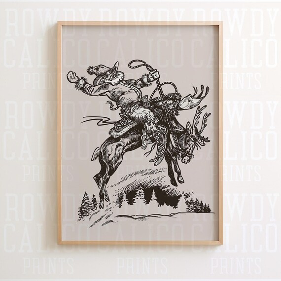 Black Ink Cowboy Santa Bucking Reindeer Etched Western Holiday Poster