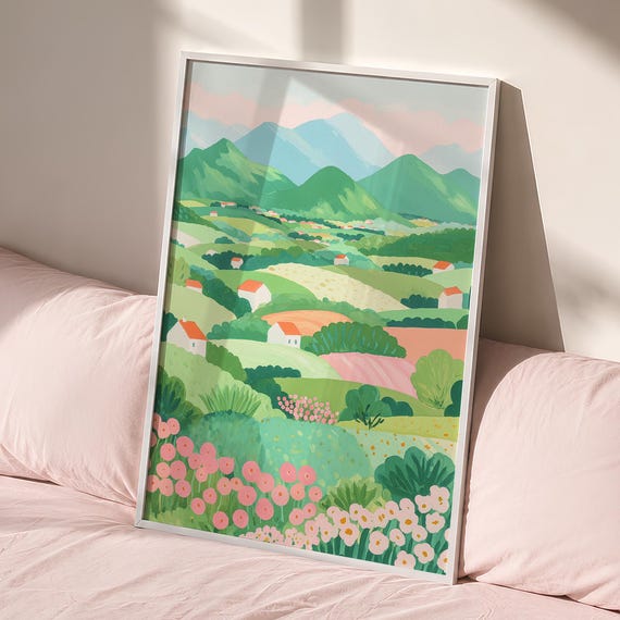 Pastel Mountain Landscape Poster Wildflowers Wall Art Digital Download