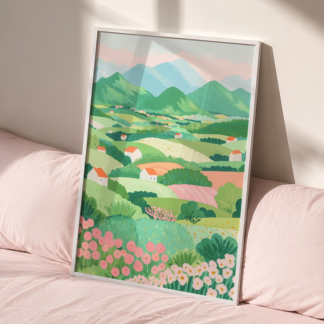 Pastel Green Valley Cottages Wildflowers Mountain Art Poster