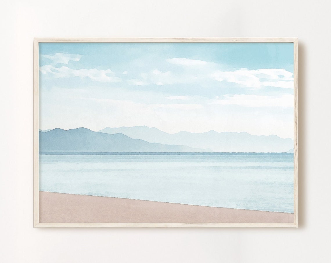 Soft Blue Watercolor Beach Waves Distant Mountains Coastal Wall Art