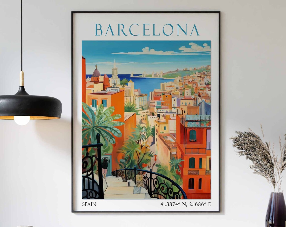 Barcelona Harbor Panorama from a Palm Terrace Overlook Poster