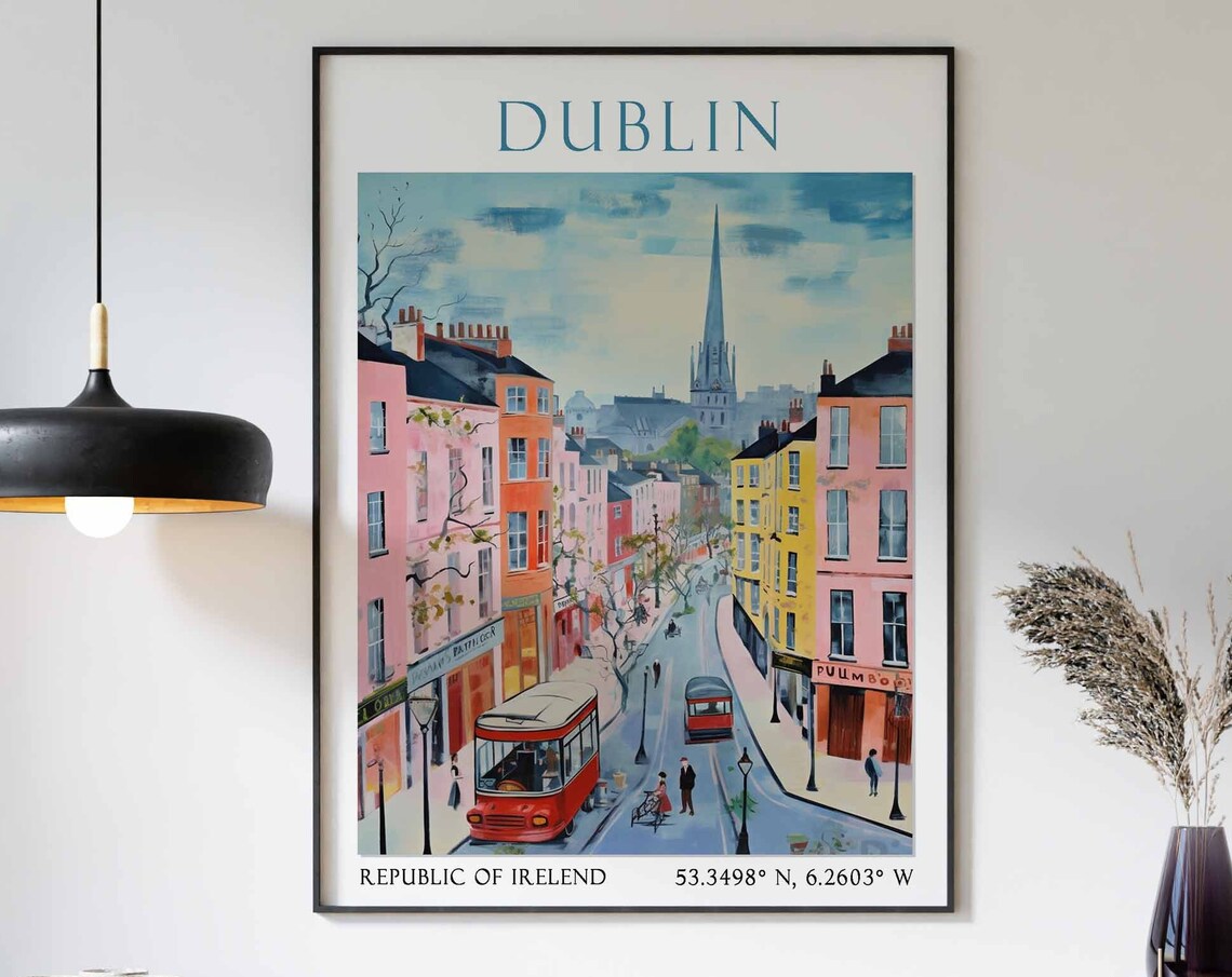 Dublin Busy Street with Red Buses and Colorful Houses Poster Art