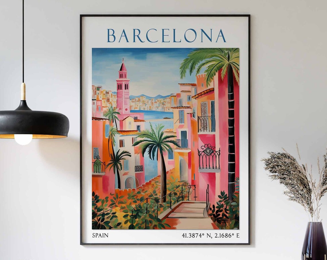 Palm-Lined Steps Down to the Sea in Barcelona Spain Travel Poster