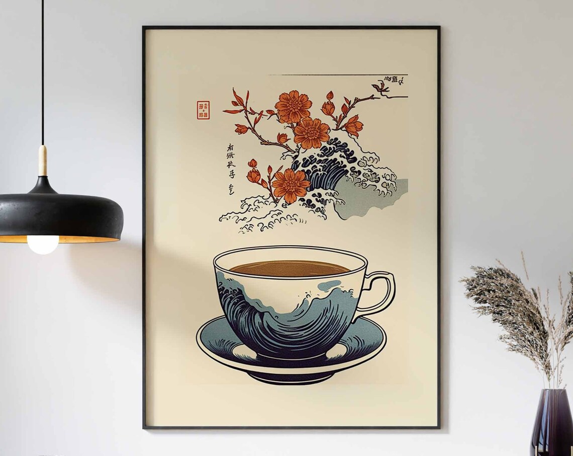 Japanese Tea Cup Great Wave Blossom Ukiyo-E Style Tea Poster