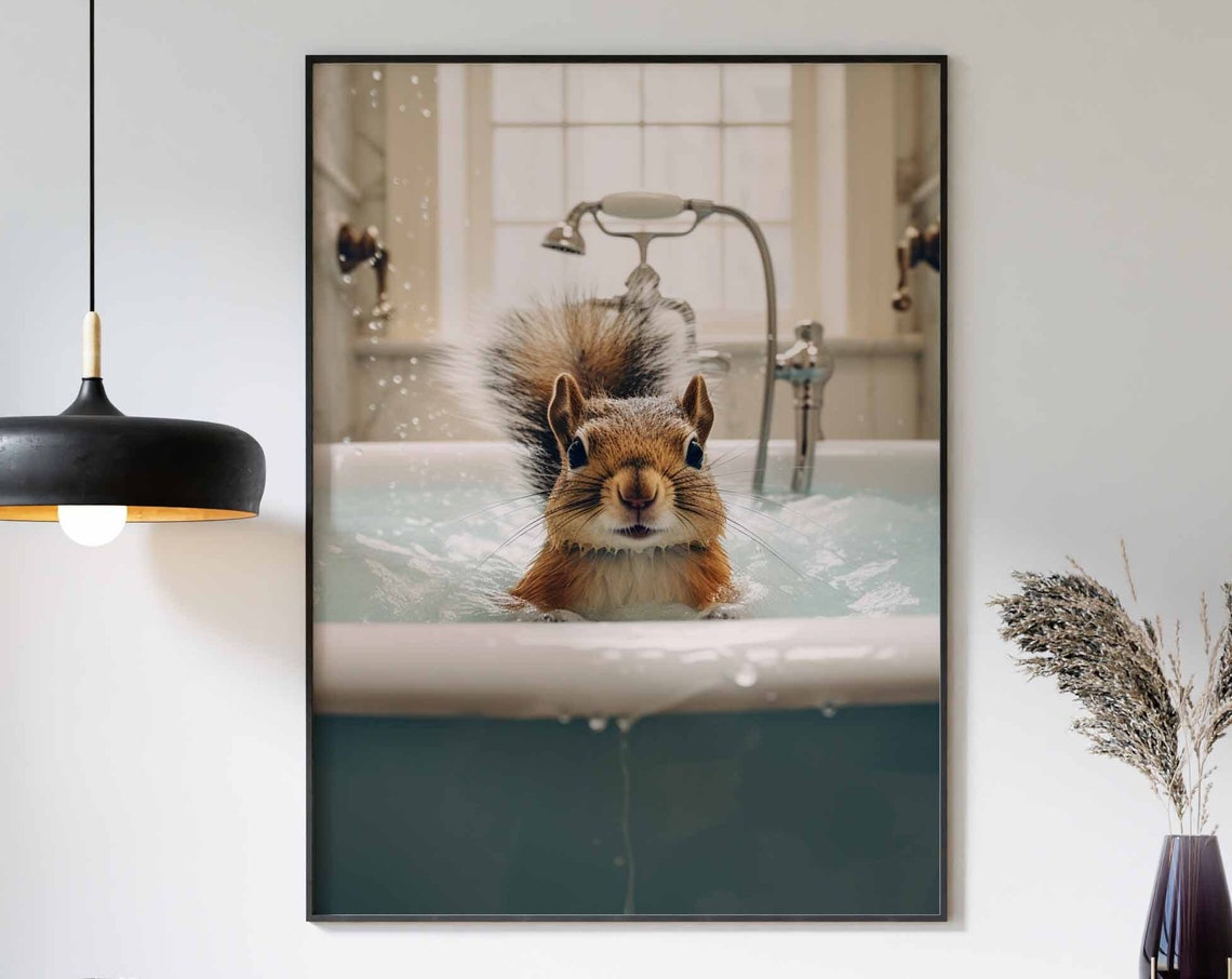 Fluffy Wet Squirrel Taking a Bubble Bath Funny Bathroom Poster