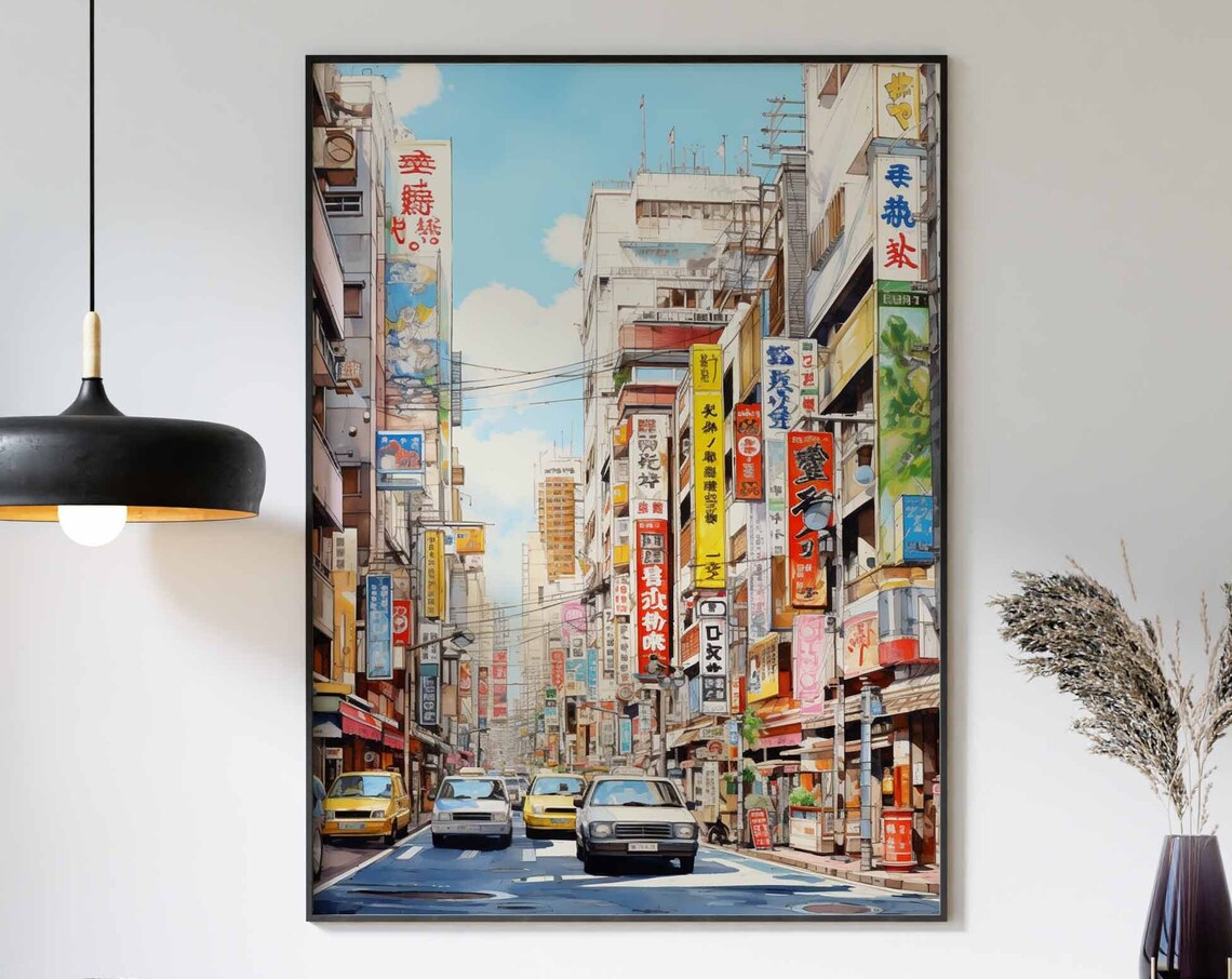 Tokyo City Street Watercolor Neon Signs Japan Travel Wall Art
