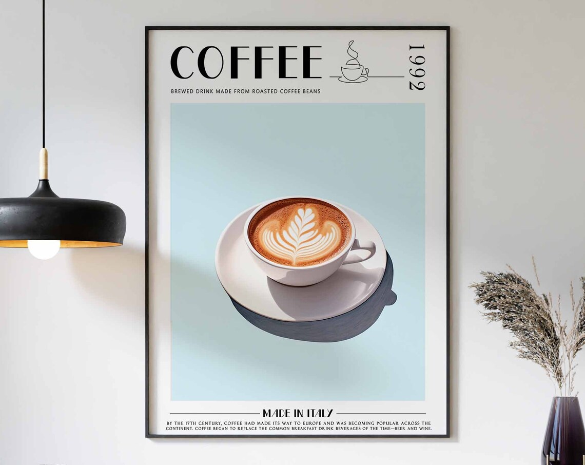 Retro Coffee 1992 Latte Art Leaf Cup Soft Mint Background Poster