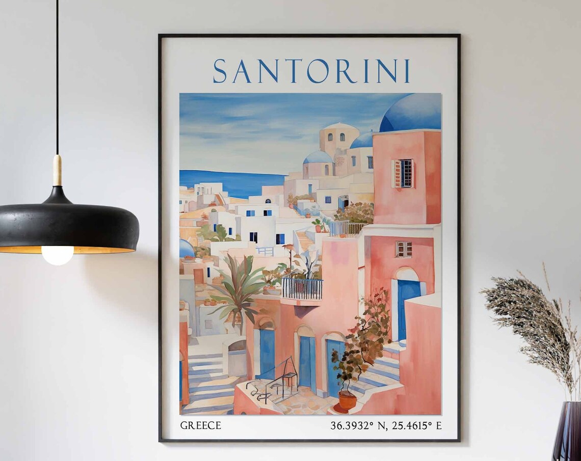 Santorini Pink Village Blue Domes Sea View Watercolor Travel Poster