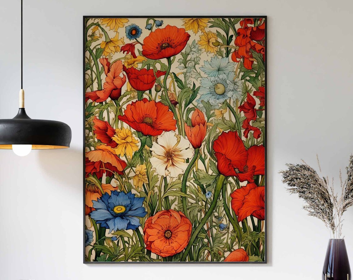 Red Poppy And Cornflower Art Nouveau Wildflower Meadow Poster