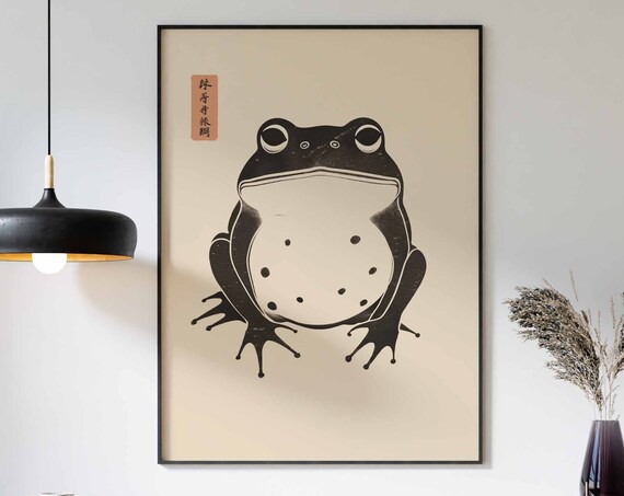 Japanese Frog Woodblock Style Spotted Frog Front View Poster