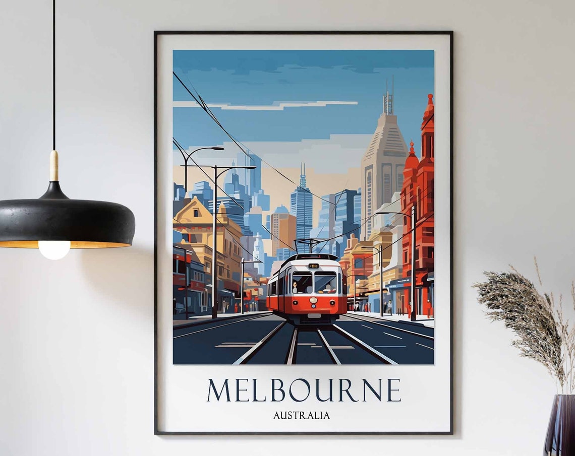 Melbourne Australia Classic Red Tram City Skyline Street Poster