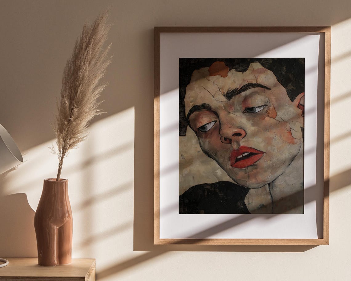 Abstract Female Face Tilted Head Red Lips Moody Expressionist Poster - Image 4