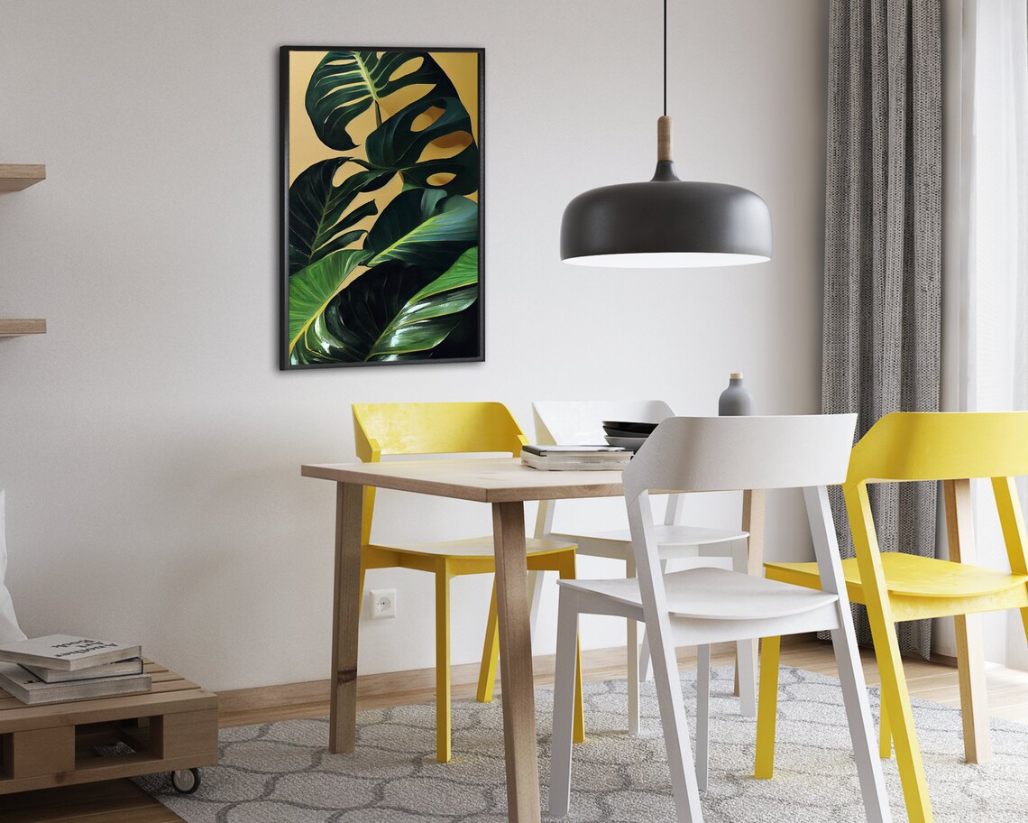 Monstera Leaves on Gold Background Tropical Botanical Oil Art Poster - Image 2
