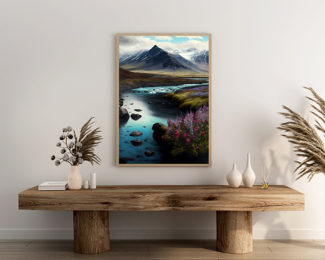 Snowcapped Mountain Peak Over Turquoise River Wildflower Valley Poster - Image 3