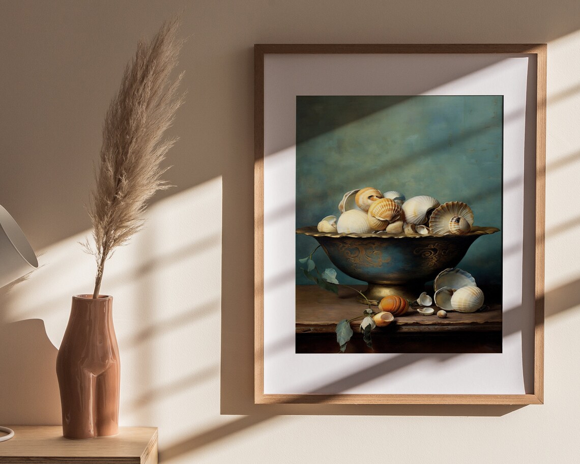 Seashell Still Life Ornate Bowl Teal Coastal Oil Painting Poster - Image 4