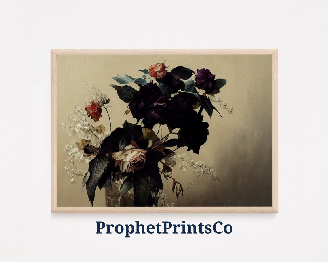 Dark Moody Dahlia and Rose Bouquet Vintage Floral Oil Poster