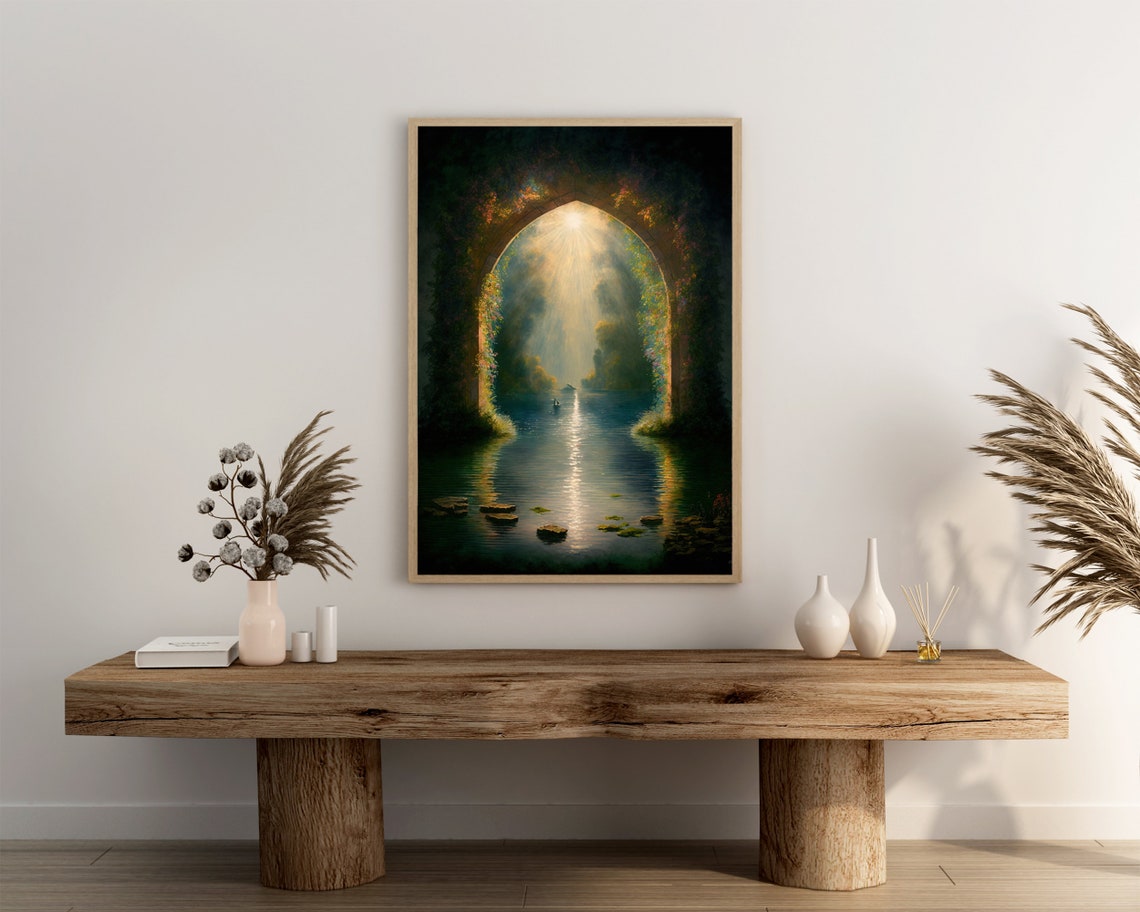 Mystical Enchanted Vine Covered Stone Arch Over Sunlit Lake Poster - Image 3