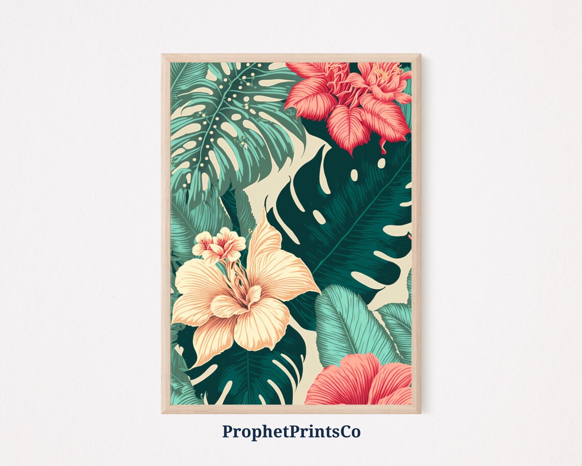 Tropical Hibiscus Floral Art Teal Monstera Coral Flower Poster