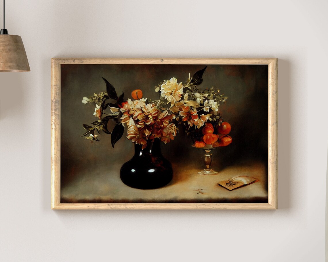 Moody Dark Academia Flower Still Life Vintage Oil Style Poster - Image 2
