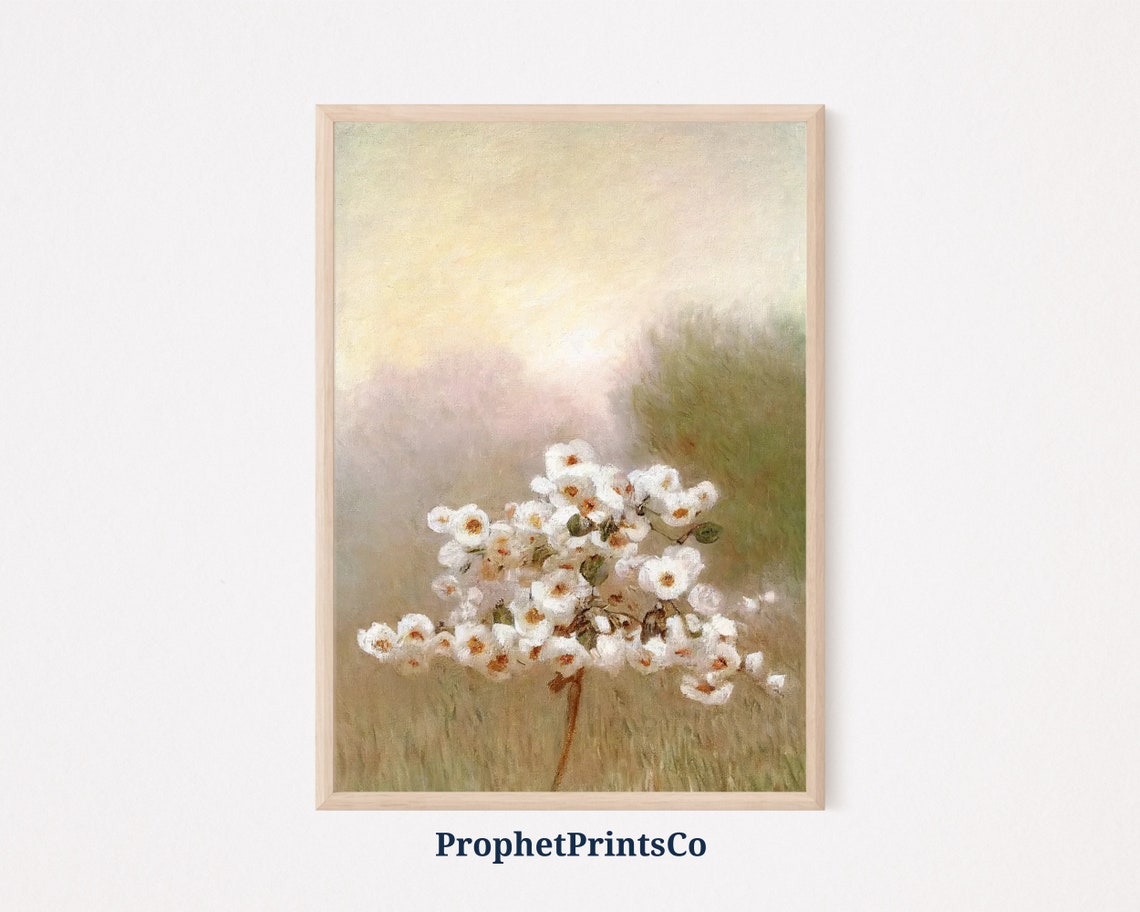White Blossoms On Slender Branch Soft Muted Botanical Spring Poster